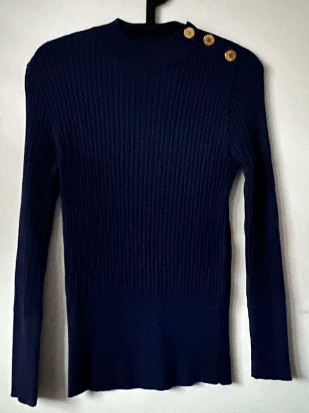 Givenchy Paris Dark Blue Wool Ribbed Knit Gold Buttons w/ Logo on Shoulder S